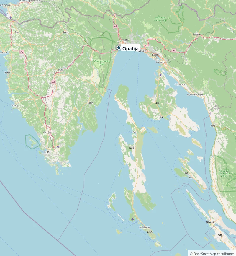 Map of the Kvarner Gulf with Opatija marked, Rijeka, Krk, Cres and Lošinj