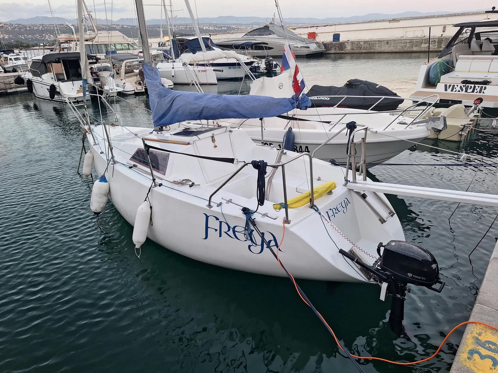 Freya's transom with her name and the Tohatsu outboard